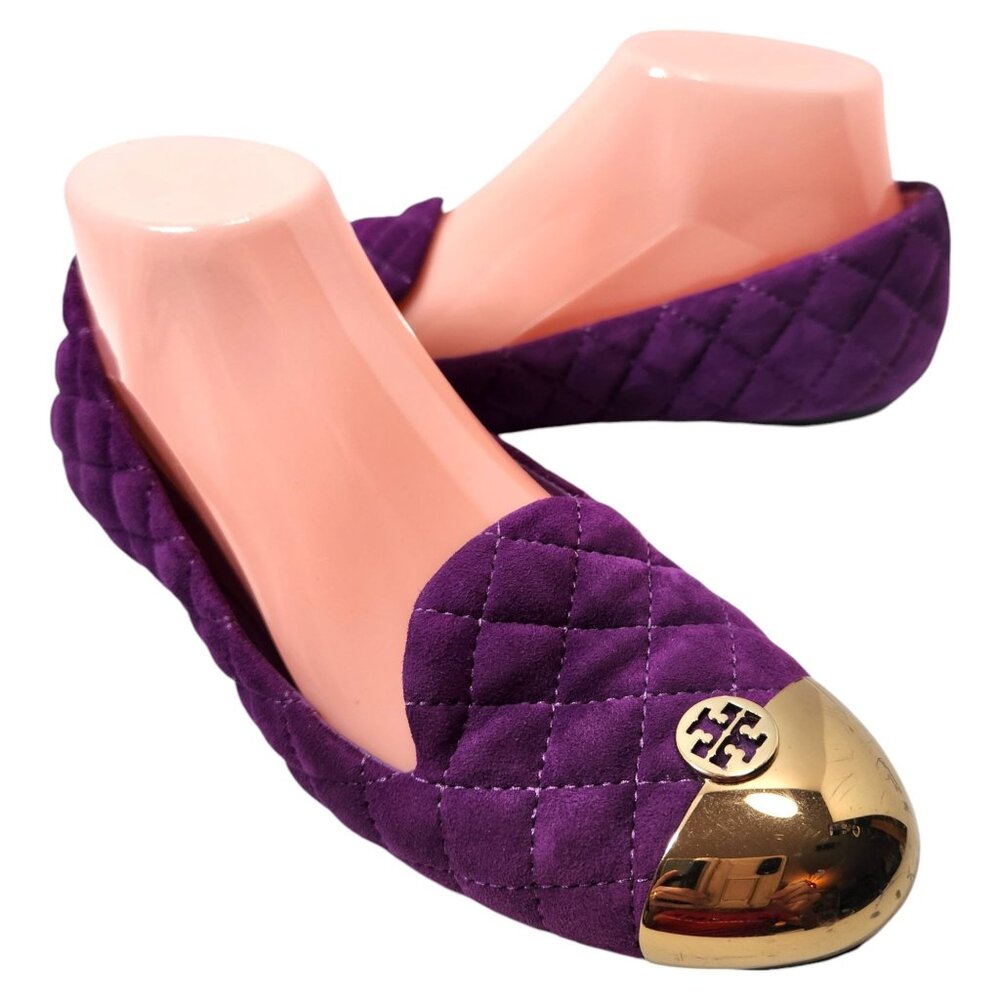 Tory Burch Quilted Purple Suede Flats with Gold Cap Toe